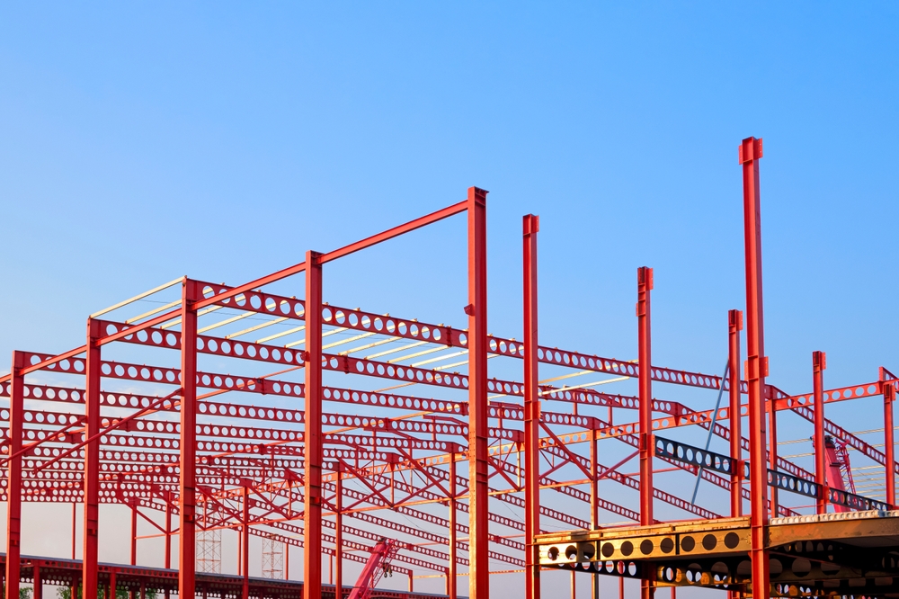 Red,Metal,Castellated,Beam,Outline,Framework,Structure,Of,Large,Industrial